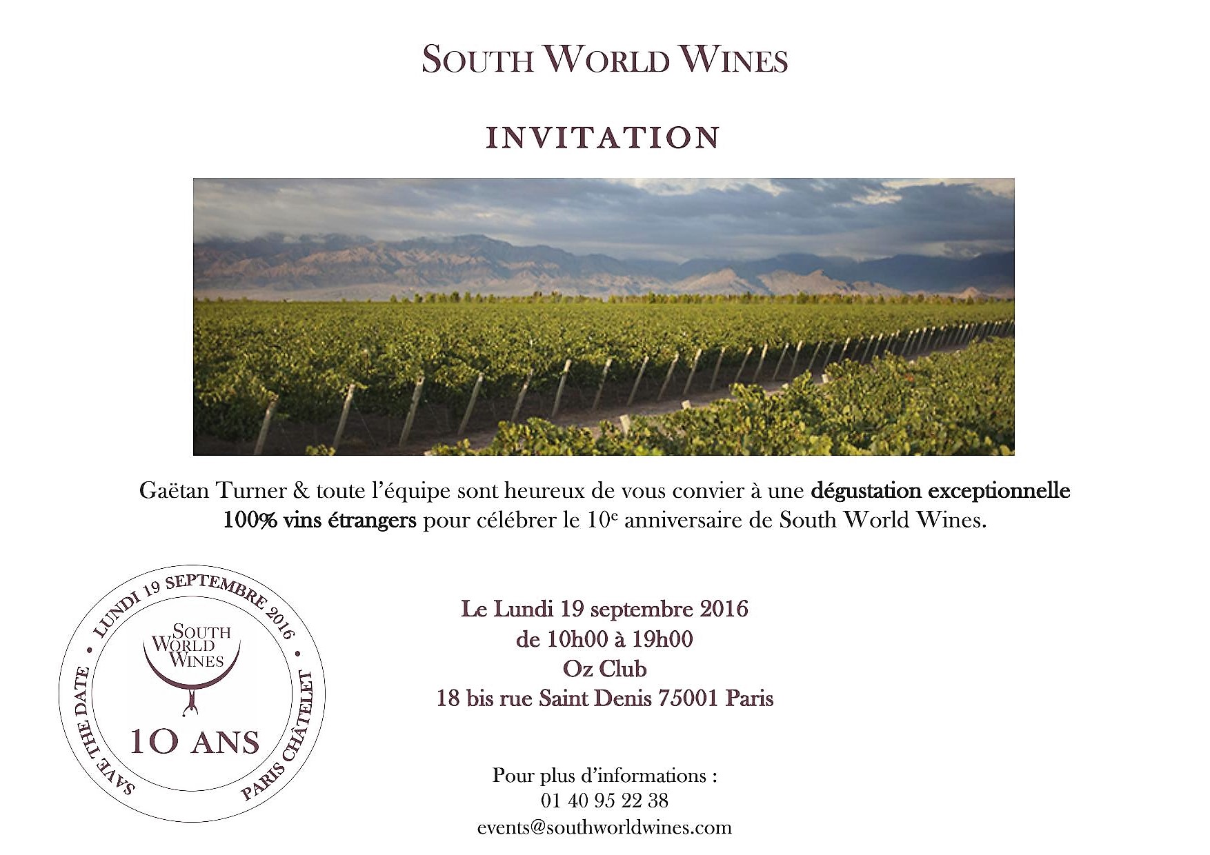 Invitation dégustation south world wines