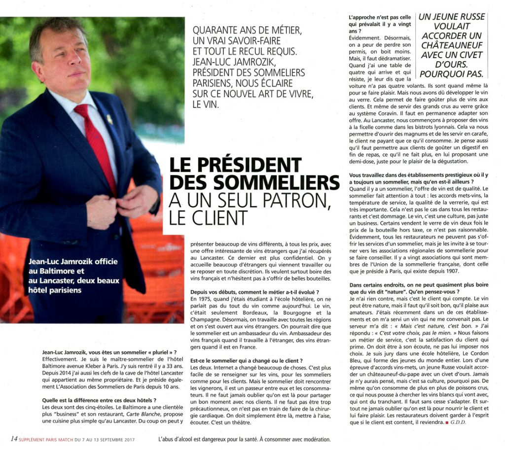 Article sur Jean-Luc Jamrozik dans Paris Match du 07.09.2017