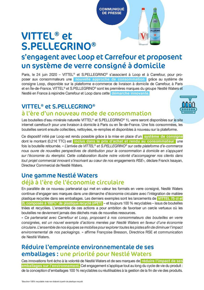 VITTEL® et S.PELLEGRINO® nouent un partenariat avec Carrefour et Loop pour lancer un système de verre consigné à domicile pour les formats de bouteille en verre 1L.